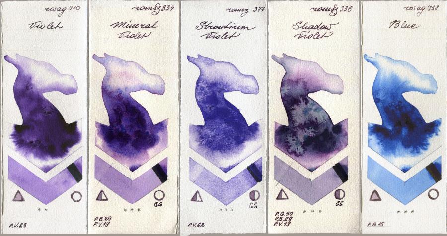 Rosa Gallery 710 Violet vs Roman Szmal Aquarius 334 Mineral Violet vs 377 Strontium Violet vs 336 Shadow Violet vs 718 Blue watercolor swatch