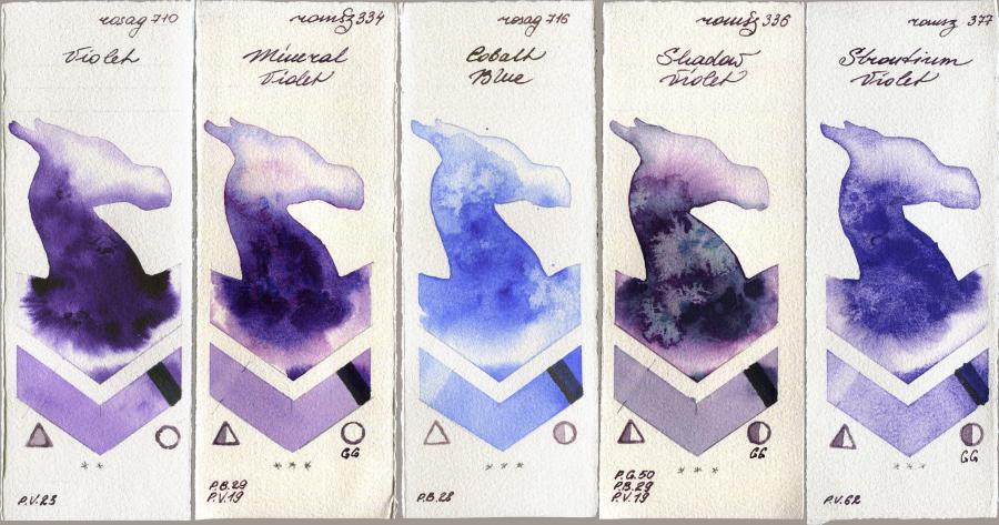 Rosa Gallery 710 Violet vs Roman Szmal Aquarius 334 Mineral Violet vs 716 Cobalt Blue vs 336 Shadow Violet vs 377 Strontium Violet watercolor swatch