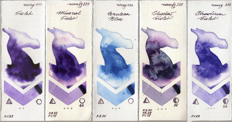 Rosa Gallery 710 Violet vs Roman Szmal Aquarius 334 Mineral Violet vs 752 Cerulean Blue vs 336 Shadow Violet vs 377 Strontium Violet watercolor swatch
