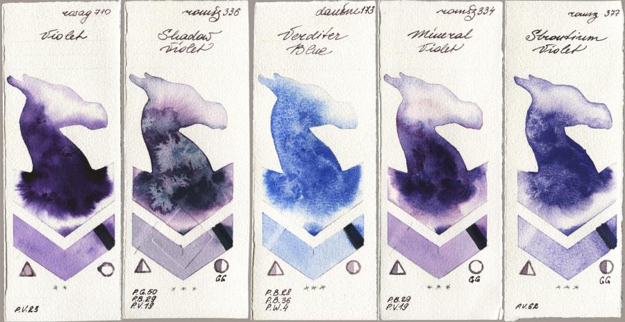 Rosa Gallery 710 Violet vs Roman Szmal Aquarius 336 Shadow Violet vs Daniel Smith 173 Verditer Blue vs 334 Mineral Violet vs 377 Strontium Violet watercolor swatch