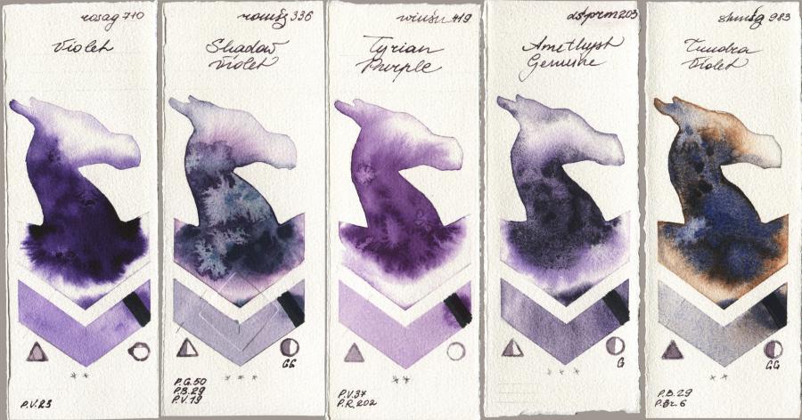 Rosa Gallery 710 Violet vs Roman Szmal Aquarius 336 Shadow Violet vs Winsor & Newton Professional 419 Tyrian Purple vs Daniel Smith 203 Amethyst Genuine vs Shminke Horadam Aquarell 983 Tundra Violet watercolor swatch