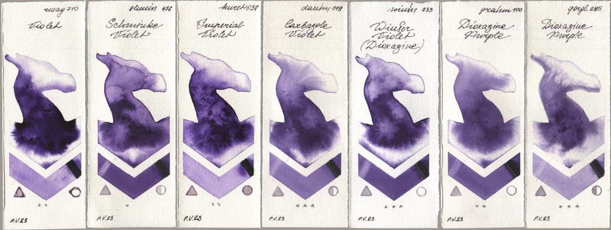 Rosa Gallery 710 Violet, Shminke Horadam Aquarell 476 Schmincke Violet, Kuretake Gansai Tambi 038 Imperial Violet, Daniel Smith 019 Carbazole Violet, Winsor & Newton Professional 733 Winsor Violet (Dioxazine), M. Graham & Co. Artists 100 Dioxazine Purple, Golden QOR 295 Dioxazine Purp watercolor swatch
