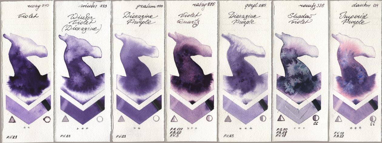 Rosa Gallery 710 Violet, Winsor & Newton Professional 733 Winsor Violet (Dioxazine), M. Graham & Co. Artists 100 Dioxazine Purple, 785 Violet Quartz, Golden QOR 295 Dioxazine Purple, Roman Szmal Aquarius 336 Shadow Violet, Daniel Smith 174 Imperial Purp watercolor swatch