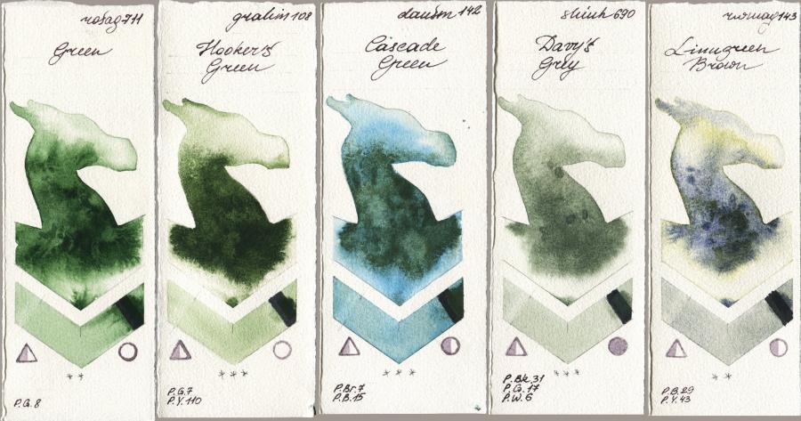 Rosa Gallery 711 Green vs M. Graham & Co. Artists 108 Hookers Green vs Daniel Smith 142 Cascade Green vs Shinhan PWC 690 Davys Grey vs Rockwell 143 Limugreen Brown watercolor swatch