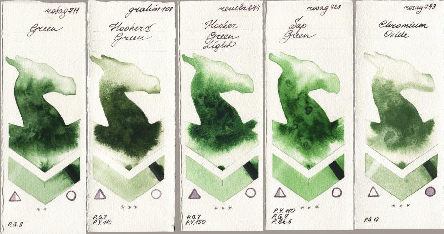 Rosa Gallery 711 Green vs M. Graham & Co. Artists 108 Hookers Green vs Royal Talens Rembrandt Watercolour 644 Hooker Green Light vs 728 Sap Green vs 743 Chromium Oxide watercolor swatch