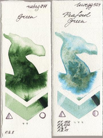 Rosa Gallery 711 Green vs Holbein Artists Watercolor 524 Peafowl Green watercolor swatch
