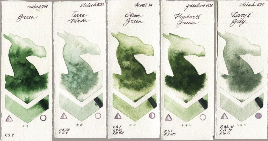 Rosa Gallery 711 Green vs Shinhan PWC 592 Terre Verte vs Kuretake Gansai Tambi 054 Olive Green vs M. Graham & Co. Artists 108 Hookers Green vs 690 Davys Grey watercolor swatch