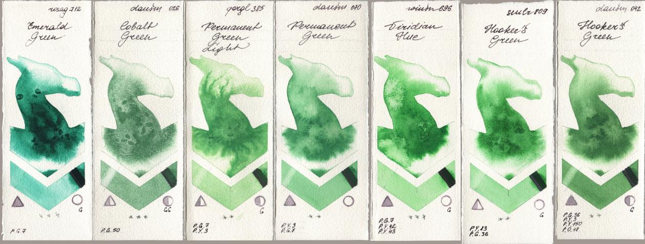 Rosa Gallery 712 Emerald Green, Daniel Smith 026 Cobalt Green, Golden QOR 385 Permanent Green Light, 070 Permanent Green, Winsor & Newton Professional 696 Viridian Hue, Sennelier l Aquarelle 809 Hookers Green, 042 Hookers Gre watercolor swatch