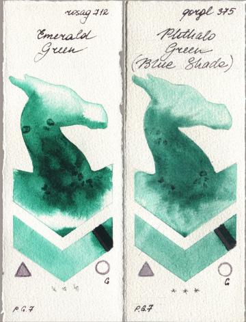 Rosa Gallery 712 Emerald Green, Golden QOR 375 Phthalo Green (Blue Shad watercolor swatch