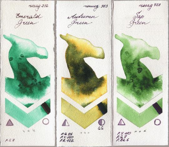 Rosa Gallery 712 Emerald Green vs Roman Szmal Aquarius 363 Autumn Green vs 728 Sap Green watercolor swatch