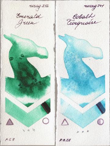 Rosa Gallery 712 Emerald Green vs 741 Cobalt Turquoise watercolor swatch
