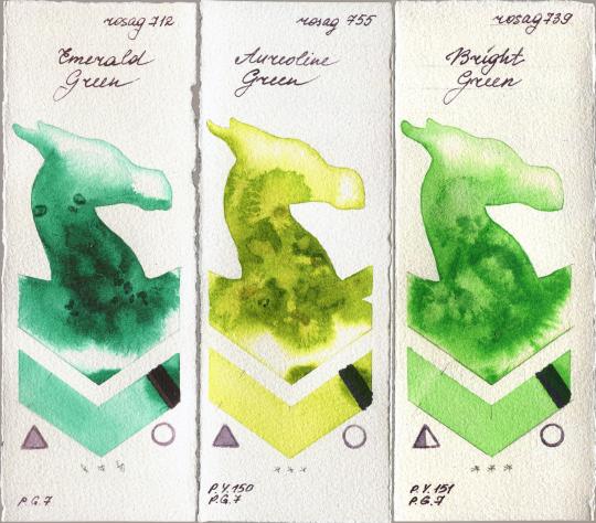 Rosa Gallery 712 Emerald Green vs 755 Aureoline Green vs 739 Bright Green watercolor swatch