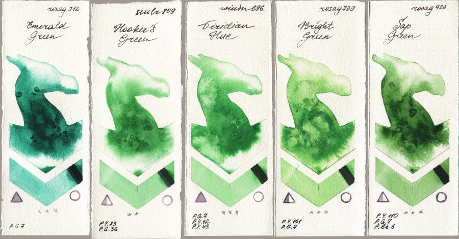 Rosa Gallery 712 Emerald Green vs Sennelier l Aquarelle 809 Hookers Green vs Winsor & Newton Professional 696 Viridian Hue vs 739 Bright Green vs 728 Sap Green watercolor swatch