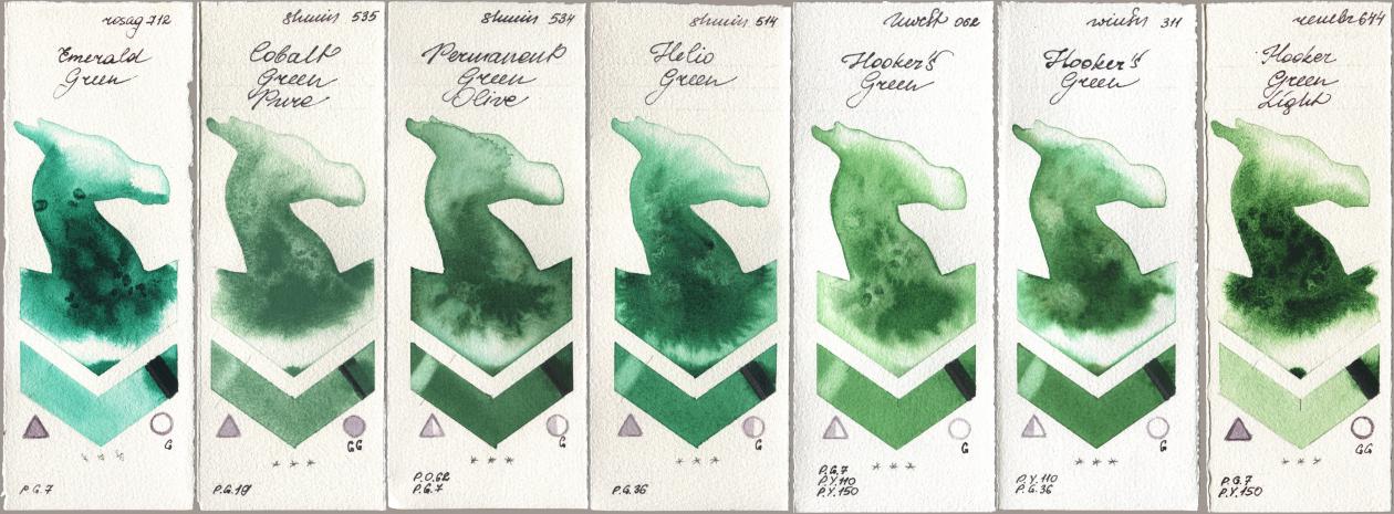 Rosa Gallery 712 Emerald Green, Shminke Horadam Aquarell 535 Cobalt Green Pure, 534 Permanent Green Olive, 514 Helio Green, Holbein Artists Watercolor 062 Hookers Green, Winsor & Newton Professional 311 Hookers Green, Royal Talens Rembrandt Watercolour 644 Hooker Green Lig watercolor swatch