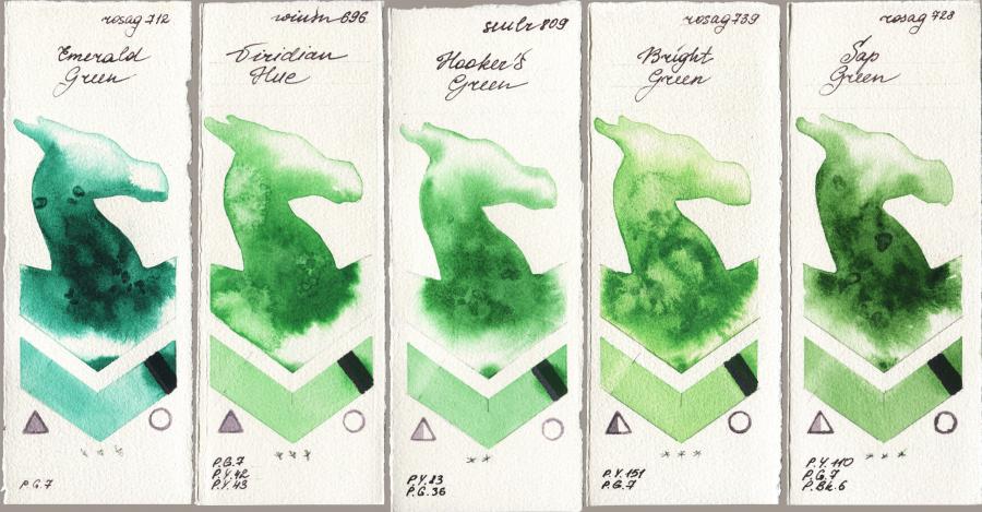 Rosa Gallery 712 Emerald Green vs Winsor & Newton Professional 696 Viridian Hue vs Sennelier l Aquarelle 809 Hookers Green vs 739 Bright Green vs 728 Sap Green watercolor swatch