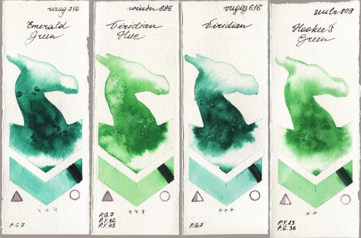 Rosa Gallery 712 Emerald Green vs Winsor & Newton Professional 696 Viridian Hue vs Royal Talens Van Gogh Watercolour 616 Viridian vs Sennelier l Aquarelle 809 Hookers Green watercolor swatch
