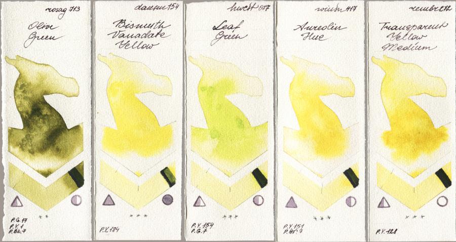 Rosa Gallery 713 Olive Green vs Daniel Smith 154 Bismuth Vanadate Yellow vs Holbein Artists Watercolor 077 Leaf Green vs Winsor & Newton Professional 417 Aureolin Hue vs Royal Talens Rembrandt Watercolour 272 Transparent Yellow Medium watercolor swatch