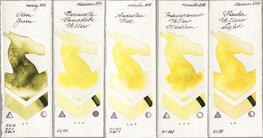 Rosa Gallery 713 Olive Green vs Daniel Smith 154 Bismuth Vanadate Yellow vs Winsor & Newton Professional 417 Aureolin Hue vs Royal Talens Rembrandt Watercolour 272 Transparent Yellow Medium vs 039 Hansa Yellow Light watercolor swatch
