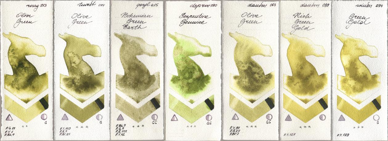 Rosa Gallery 713 Olive Green, Holbein Artists Watercolor 074 Olive Green, Golden QOR 415 Bohemian Green Earth, Daniel Smith 190 Serpentine Genuine, 063 Olive Green, 099 Rich Green Gold, Winsor & Newton Professional 294 Green Go watercolor swatch