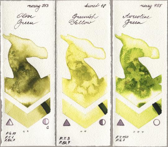 Rosa Gallery 713 Olive Green, Kuretake Gansai Tambi 048 Greenish Yellow, 755 Aureoline Gre watercolor swatch