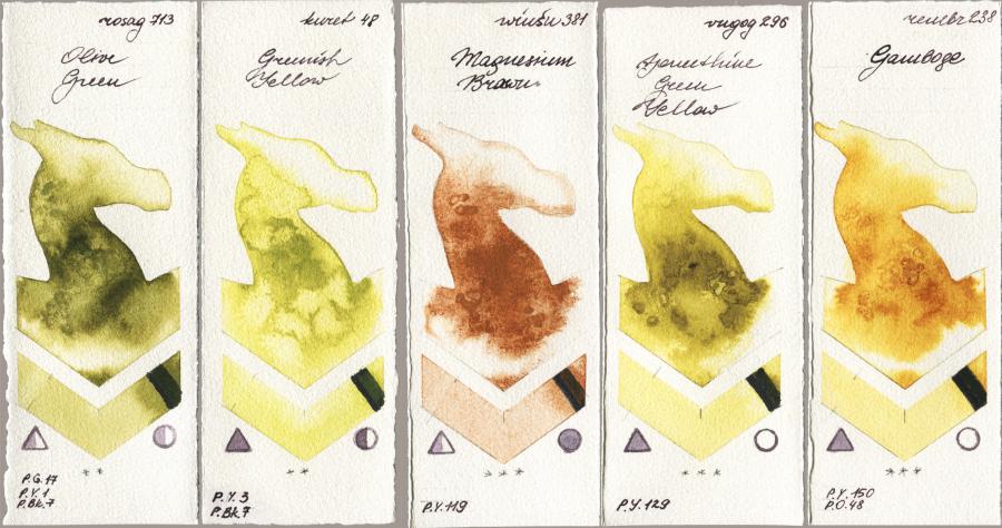 Rosa Gallery 713 Olive Green vs Kuretake Gansai Tambi 048 Greenish Yellow vs Winsor & Newton Professional 381 Magnesuim Brown vs Royal Talens Van Gogh Watercolour 296 Azomethine Green Yellow vs Royal Talens Rembrandt Watercolour 238 Gamboge watercolor swatch