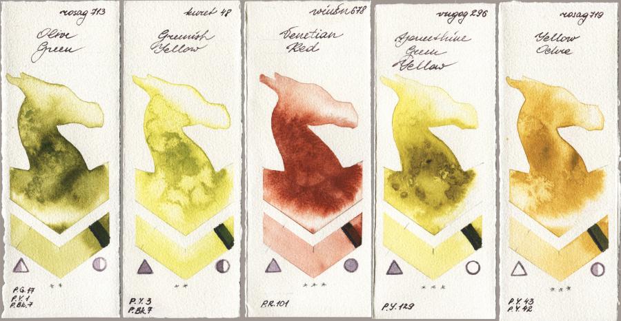 Rosa Gallery 713 Olive Green vs Kuretake Gansai Tambi 048 Greenish Yellow vs Winsor & Newton Professional 678 Venetian Red vs Royal Talens Van Gogh Watercolour 296 Azomethine Green Yellow vs 719 Yellow Ochre watercolor swatch