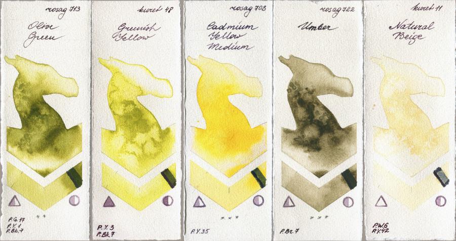 Rosa Gallery 713 Olive Green vs Kuretake Gansai Tambi 48 Greenish Yellow vs 703 Cadmium Yellow Medium vs 722 Umber vs 11 Natural Beige watercolor swatch