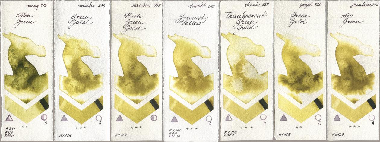 Rosa Gallery 713 Olive Green, Winsor & Newton Professional 294 Green Gold, Daniel Smith 099 Rich Green Gold, Holbein Artists Watercolor 046 Greenish Yellow, Shminke Horadam Aquarell 537 Transparent Green Gold, Golden QOR 425 Green Gold, M. Graham & Co. Artists 016 Azo Gre watercolor swatch