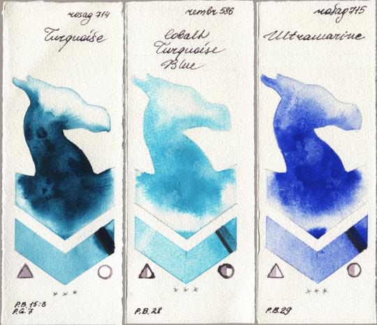Rosa Gallery 714 Turquiose vs Royal Talens Rembrandt Watercolour 586 Cobalt Turquoise Blue vs 715 Ultramarine watercolor swatch