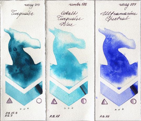 Rosa Gallery 714 Turquiose vs Royal Talens Rembrandt Watercolour 586 Cobalt Turquoise Blue vs 777 Ultramarine Spectral watercolor swatch