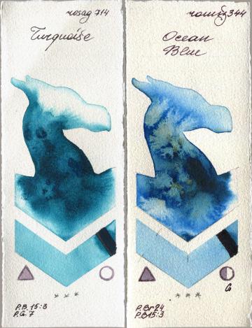 Rosa Gallery 714 Turquiose vs Roman Szmal Aquarius 344 Ocean Blue watercolor swatch