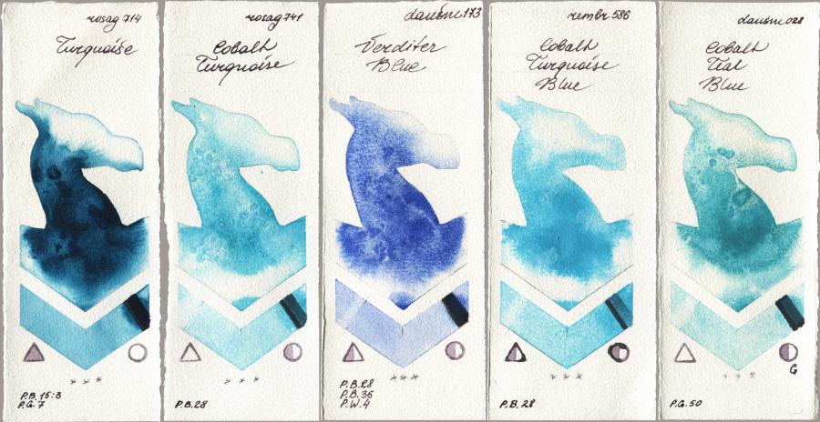Rosa Gallery 714 Turquiose vs 741 Cobalt Turquoise vs Daniel Smith 173 Verditer Blue vs Royal Talens Rembrandt Watercolour 586 Cobalt Turquoise Blue vs 028 Cobalt Teal Blue watercolor swatch