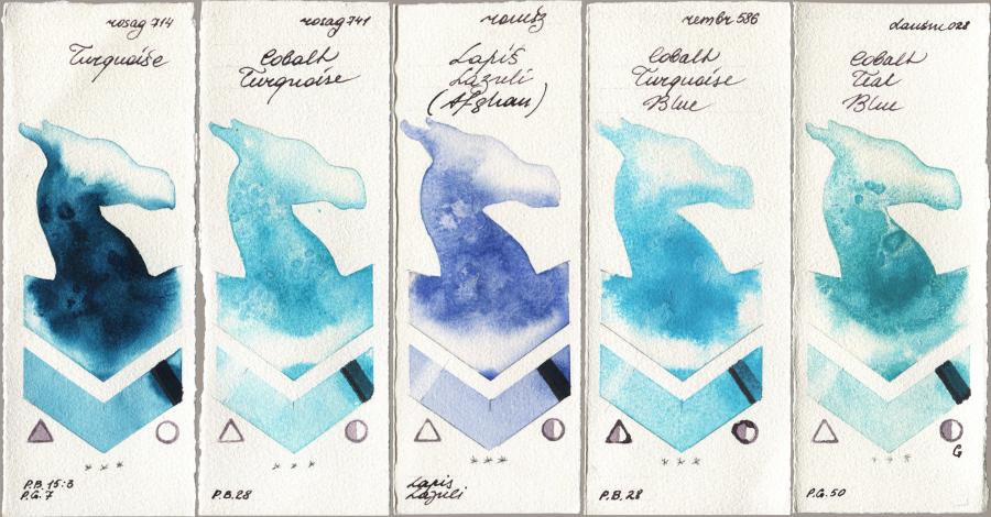Rosa Gallery 714 Turquiose vs 741 Cobalt Turquoise vs Roman Szmal Aquarius 999 Lapis Lazuli Afghan vs Royal Talens Rembrandt Watercolour 586 Cobalt Turquoise Blue vs Daniel Smith 028 Cobalt Teal Blue watercolor swatch