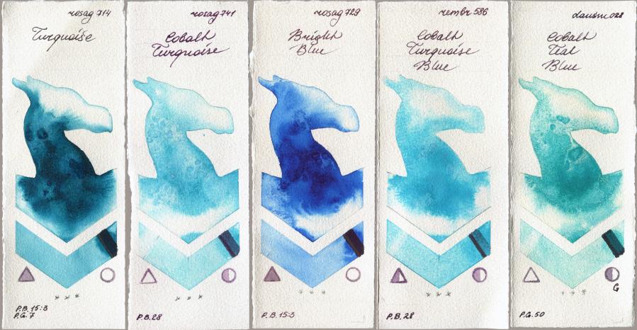 Rosa Gallery 714 Turquiose vs 741 Cobalt Turquoise vs 729 Bright Blue vs Royal Talens Rembrandt Watercolour 586 Cobalt Turquoise Blue vs Daniel Smith 028 Cobalt Teal Blue watercolor swatch