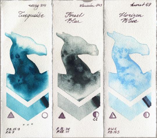 Rosa Gallery 714 Turquiose vs Shminke Horadam Aquarell 943 Forest Blue vs Kuretake Gansai Tambi 69 Horizon Blue watercolor swatch