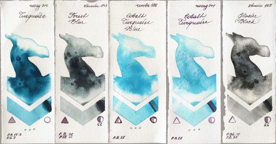 Rosa Gallery 714 Turquiose vs Shminke Horadam Aquarell 943 Forest Blue vs Royal Talens Rembrandt Watercolour 586 Cobalt Turquoise Blue vs 741 Cobalt Turquoise vs 965 Glacier Black watercolor swatch