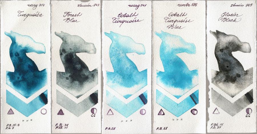 Rosa Gallery 714 Turquiose vs Shminke Horadam Aquarell 943 Forest Blue vs 741 Cobalt Turquoise vs Royal Talens Rembrandt Watercolour 586 Cobalt Turquoise Blue vs 965 Glacier Black watercolor swatch