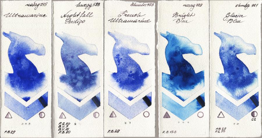 Rosa Gallery 715 Ultramarine vs Holbein Artists Watercolor 533 Nightfall Indigo vs Shminke Horadam Aquarell 493 French Ultramarine vs 729 Bright Blue vs 961 Glacier Blue watercolor swatch