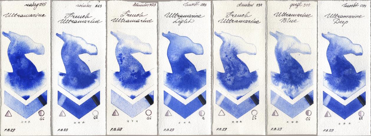 Rosa Gallery 715 Ultramarine, Winsor & Newton Professional 263 French Ultramarine, Shminke Horadam Aquarell 493 French Ultramarine, Holbein Artists Watercolor 093 Ultramarine Light, Daniel Smith 034 French Ultramarine, Golden QOR 310 Ultramarine Blue, 094 Ultramarine De watercolor swatch