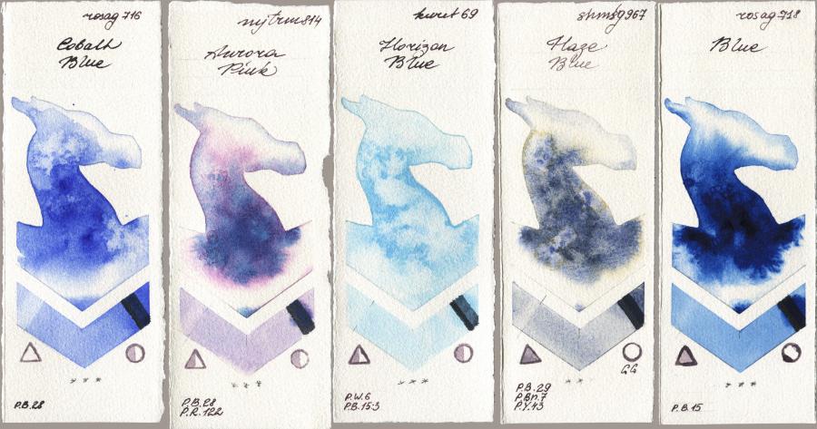 Rosa Gallery 716 Cobalt Blue vs Mijello Mission Gold 814 Aurora Pink vs Kuretake Gansai Tambi 069 Horizon Blue vs Shminke Horadam Aquarell 967 Haze Blue vs 718 Blue watercolor swatch