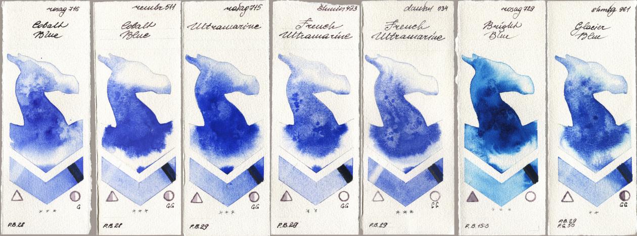Rosa Gallery 716 Cobalt Blue, Royal Talens Rembrandt Watercolour 511 Cobalt Blue, 715 Ultramarine, Shminke Horadam Aquarell 493 French Ultramarine, Daniel Smith 034 French Ultramarine, 729 Bright Blue, 961 Glacier Bl watercolor swatch