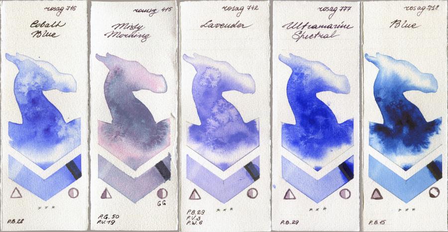 Rosa Gallery 716 Cobalt Blue vs Roman Szmal Aquarius 415 Misty Morning vs 742 Lavender vs 777 Ultramarine Spectral vs 718 Blue watercolor swatch