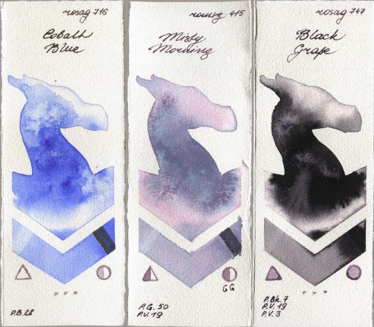 Rosa Gallery 716 Cobalt Blue vs Roman Szmal Aquarius 415 Misty Morning vs 747 Black Grape watercolor swatch