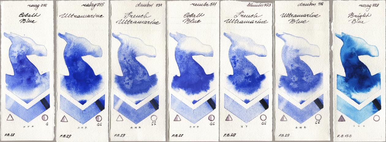 Rosa Gallery 716 Cobalt Blue, 715 Ultramarine, Daniel Smith 034 French Ultramarine, Royal Talens Rembrandt Watercolour 511 Cobalt Blue, Shminke Horadam Aquarell 493 French Ultramarine, 106 Ultramarine Blue, 729 Bright Bl watercolor swatch
