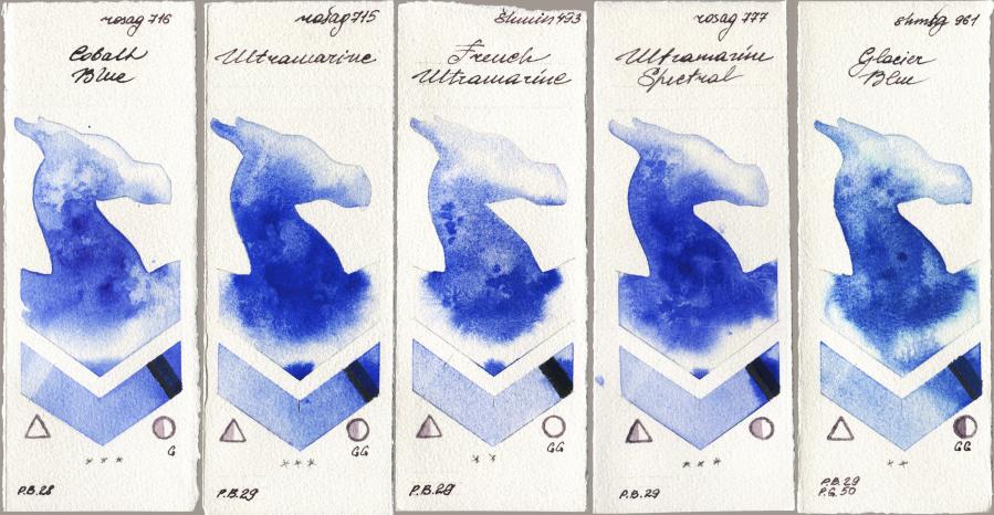 Rosa Gallery 716 Cobalt Blue, 715 Ultramarine, Shminke Horadam Aquarell 493 French Ultramarine, 777 Ultramarine Spectral, 961 Glacier Bl watercolor swatch