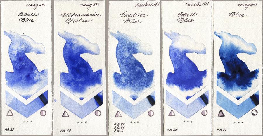 Rosa Gallery 716 Cobalt Blue vs 777 Ultramarine Spectral vs Daniel Smith 173 Verditer Blue vs Royal Talens Rembrandt Watercolour 511 Cobalt Blue vs 718 Blue watercolor swatch