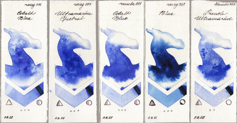 Rosa Gallery 716 Cobalt Blue vs 777 Ultramarine Spectral vs Royal Talens Rembrandt Watercolour 511 Cobalt Blue vs 718 Blue vs Shminke Horadam Aquarell 493 French Ultramarine watercolor swatch
