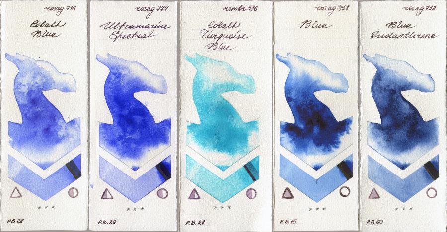 Rosa Gallery 716 Cobalt Blue vs 777 Ultramarine Spectral vs Royal Talens Rembrandt Watercolour 586 Cobalt Turquoise Blue vs 718 Blue vs 738 Blue Indanthrone watercolor swatch