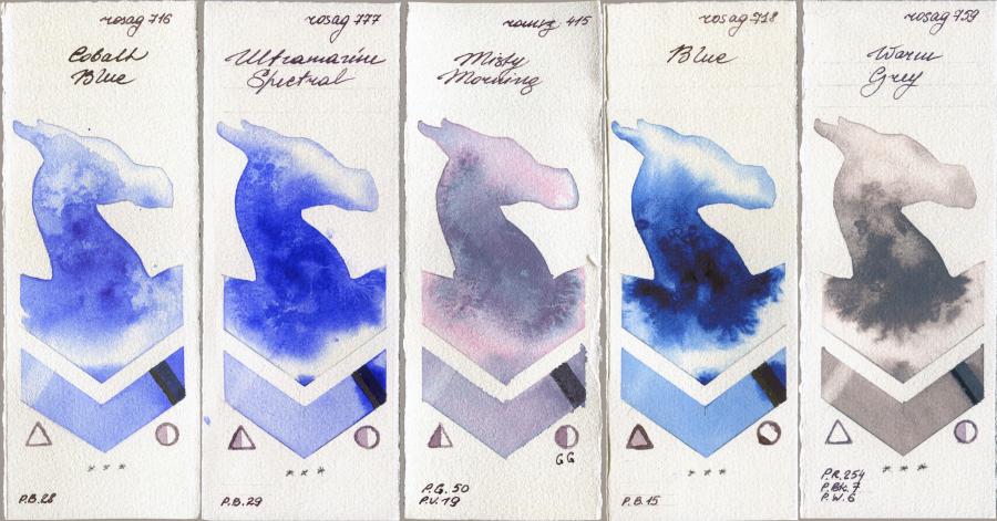 Rosa Gallery 716 Cobalt Blue vs 777 Ultramarine Spectral vs Roman Szmal Aquarius 415 Misty Morning vs 718 Blue vs 759 Warm Grey watercolor swatch