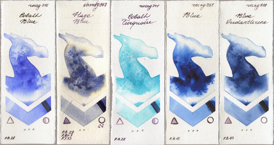Rosa Gallery 716 Cobalt Blue vs Shminke Horadam Aquarell 967 Haze Blue vs 741 Cobalt Turquoise vs 718 Blue vs 738 Blue Indanthrone watercolor swatch